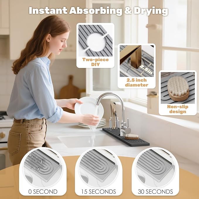 20''x4.8''Long Stone Faucet Mat for Kitchen Sink,Diatomite Quick Dry Kitchen Sink Splash Guard,Drying Stone Sink Tray,Super Absorbent,Sink Stone Quick Dry Around Faucet For Bathroom Counter-Light Grey