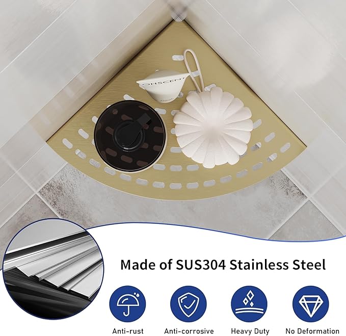 2 Pack Corner Shower Shelves 304 Stainless Steel Shower Corner Shelf Brushed Gold Bathroom 8 in Prevent Rust Drilling Installation