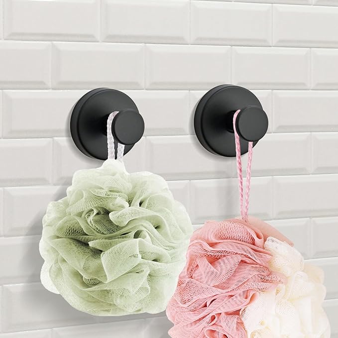 2 PCS Suction Cup Hooks for Bathroom, Stainless Steel Suction Hooks Mounting on Shower Glass Doors, Tile, Mirrors (Black)