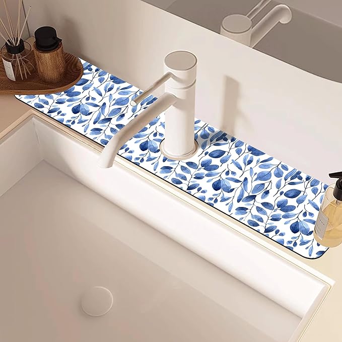 Watercolor Blue Leaves Sink Faucet Absorbing Mat Sink Splash Guard Faucet Mat Draining Mat Fast Drying Sink Protectors for Kitchen and Bathroom 5.5"×24"