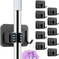 10 Pack Heavy Duty Mop and Broom Holder Wall Mount, No Drill Self Adhesive Stainless Steel Hanger with Hooks, Anti-Slip Tool Organizer for Bathroom, Kitchen, Garage, Laundry Room (10, Black)