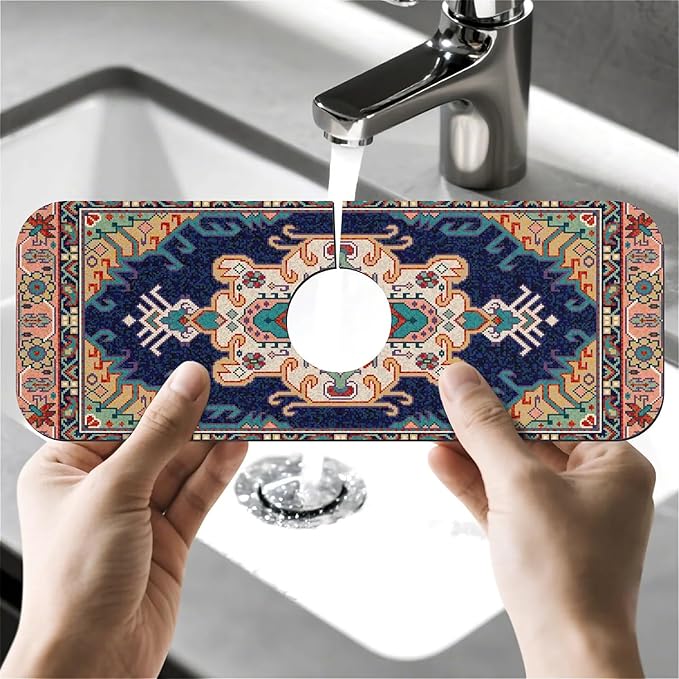 Faucet Draining Mat For Kitchen Sink, Ethnic Floral Diatom Mud Absorbent Drain Pad For Bathroom Kitchen Sink Splash Guard Drying Mat