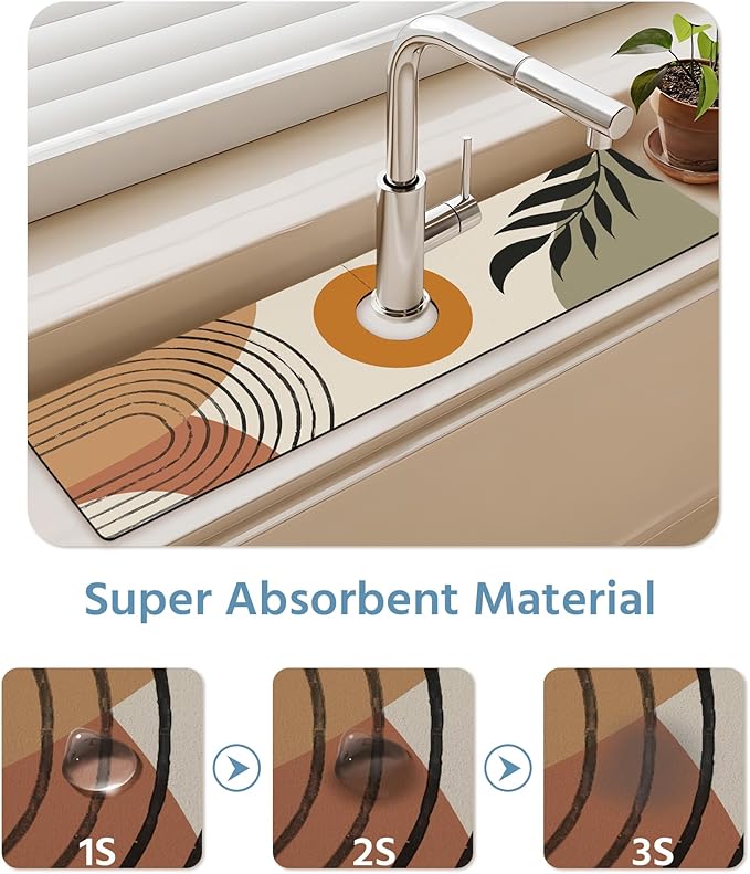 Patterned Sink Faucet Mat Kitchen Splash Guard Super Absorbent Drying Mat, Non-Slip Drain Pad for Kitchen Counter or Bathroom-24x5.5in