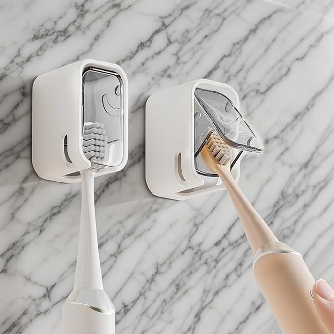 2 Pcs Toothbrush Holders for Bathroom【Upgrade Single Slot Design】 Toothbrush Holder Wall Mounted with Cover, Self-Adhesive Tooth Brush Storage Organizer for Family and Travel (2, Grey)