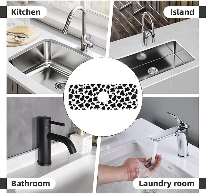 Cow Dalmatian Skin Print Black And White Kitchen Sink Splash Guard Faucet Mat Super Absorbent Fast Drying Mat Sink Gadgets-Fast Drying Pad Sink Mat For Kitchen Bathroom (15" X 5.5" )