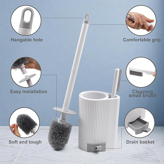 Toilet Bowl Brush and Holder 2 Pack Long Handled Toilet Brush for Bathroom with 2 Crevice Brushes Deep-Cleaning Plastic Toilet Scrubber Brush Set (White)