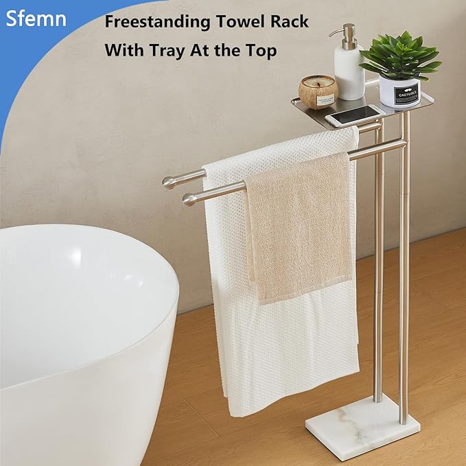 Standing Towel Rack with Weighted Marble Base, Towel Rack Stand with Shelf, 2-Tier Towel Racks for Bathroom, Multiple Spaces Stainless Steel Brushed Finish