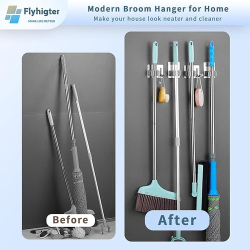 10 Pack Heavy Duty Mop and Broom Holder Wall Mount, No Drill Self Adhesive Stainless Steel Hanger with Hooks, Anti-Slip Tool Organizer for Bathroom, Kitchen, Garage, Laundry Room (10, Silver)
