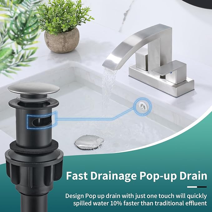 4 Inch Centerset Bathroom Faucet, 2-Handle Waterfall Sink Faucet 3 Hole, Brushed Nickel Vanity Faucet with Pop Up Drain & cUPC Supply Hoses,Waterfall Bathroom Faucet for Lavatory