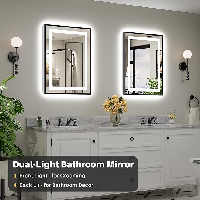 24x32 Inch LED Bathroom Mirror with Black Frame, Backlit & Front Lit, Anti-Fog Lighted Bathroom Vanity Mirror for Wall, Memory Function, Dimmable, HD Tempered Glass, Shatter-Proof
