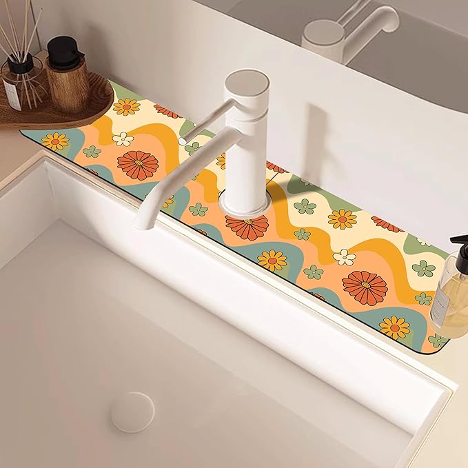 70s Groovy Flowers Sink Faucet Absorbing Mat Retro Waveas Splash Guard Behind Faucet Sink Mat Absorbent Fast Drying Faucet Draining Mat for Bathroom Kitchen 5.5"×24"