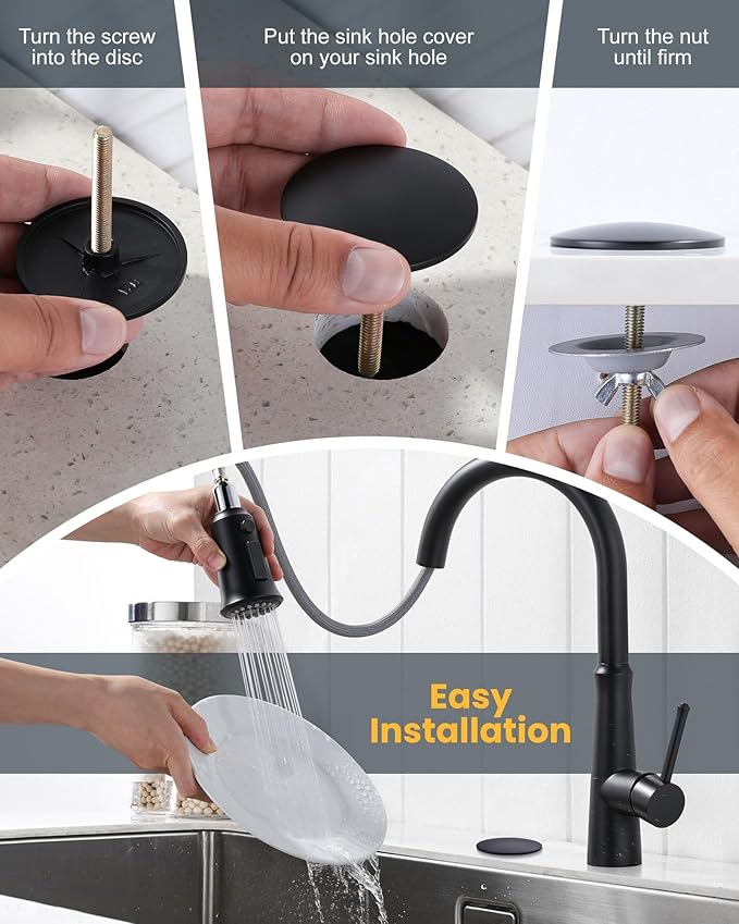 Kitchen Sink Hole Cover, Faucet Hole Cover for Kitchen Sink, Tap Hole Plate Stopper Cover Blanking Brass Metal Plug, Matte Black