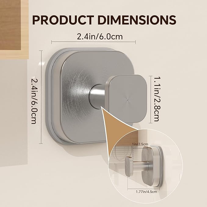 2Pack Suction Cup Hooks for Shower, Bathroom, Glass Door – Heavy Duty Waterproof Suction Hooks for Towel, Loofah, Bath Robe and Wreath Hanging – No Drill Removable Hook, Brushed Silver
