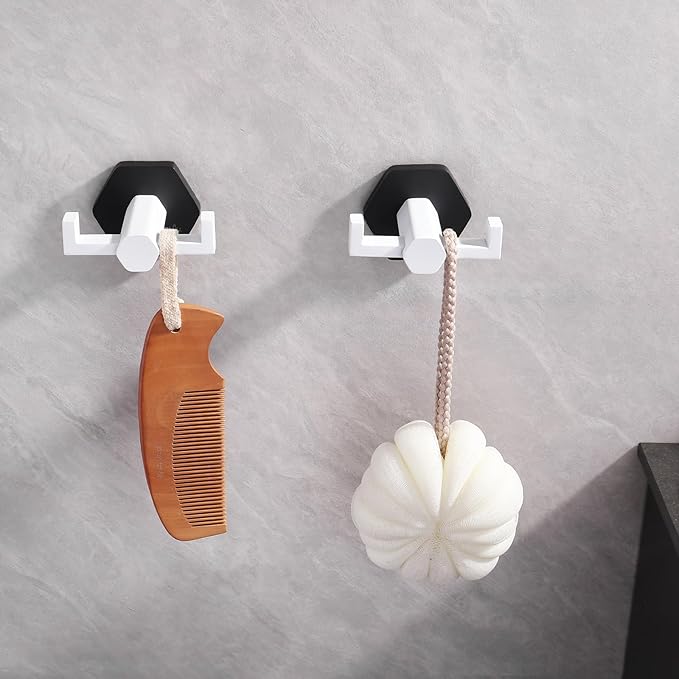 GERZWY White & Black Bathroom Double Towel Hook Stainless Steel Coat/Robe Clothes Hook for Bath Kitchen Modern Hotel Style Wall Mounted 2 Pack