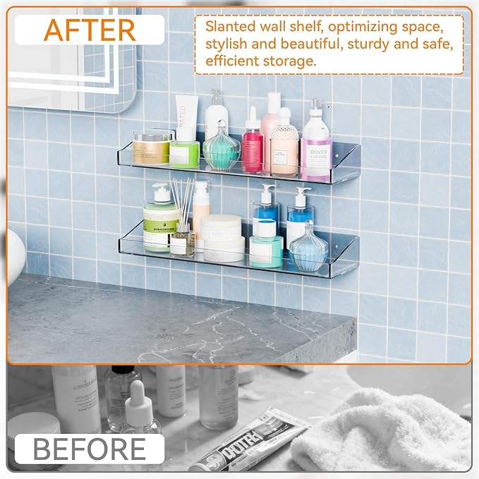 Yieach 4 Pack Clear Shower Shelves for Tile Walls,Adhesive Acrylic Bathroom Shelves Organizer and Storage,No Drill Acrylic Shower Wall Caddy & Shelf,Floating Shelves for Makeup,Perfume,Shampoo Holder
