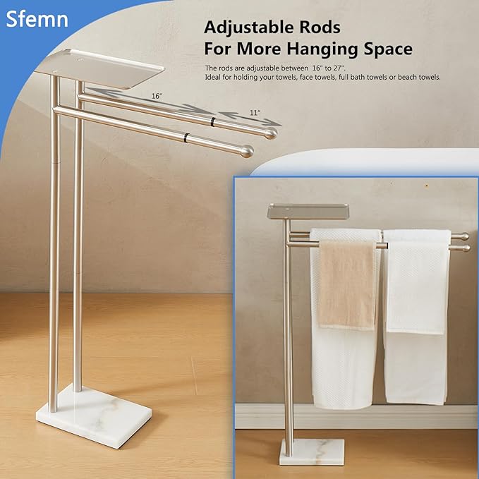 Standing Towel Rack with Weighted Marble Base, Towel Rack Stand with Shelf, 2-Tier Towel Racks for Bathroom, Multiple Spaces Stainless Steel Brushed Finish