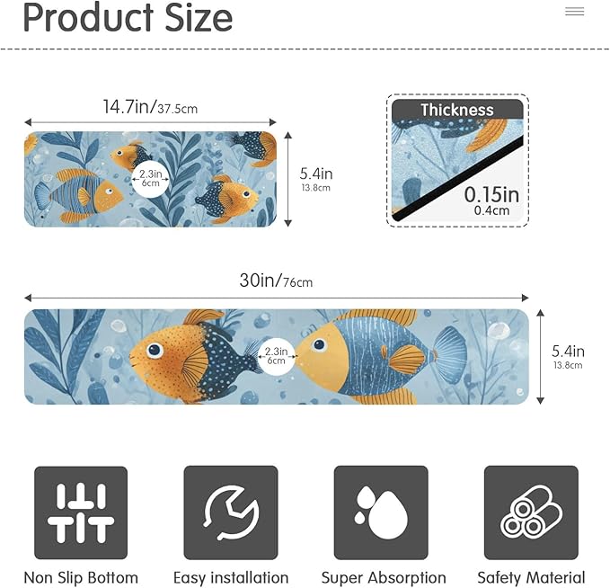 Blue Tropical Fish Bubbles Kitchen Sink Splash Guard Faucet Mat Diatomite Absorbent Pad for Bathroom RV 14.7x5.4in 2PCS water
