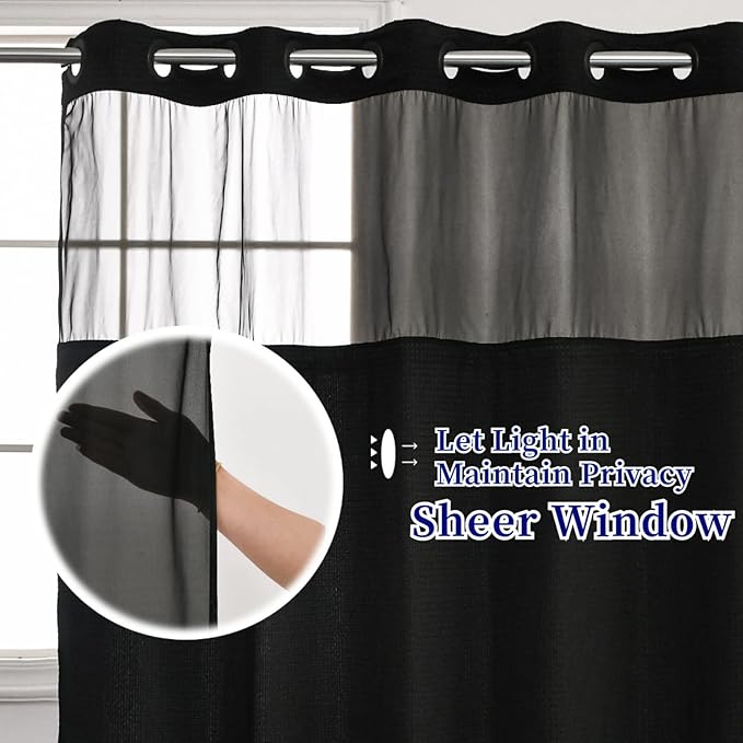 No Hooks Required Waffle Weave Shower Curtain with Snap in Liner-Hotel Grade Waterproof & Mesh Top Window Spa Like Bath Curtain Machine Washable Heavy Duty 71Wx74L(Black)