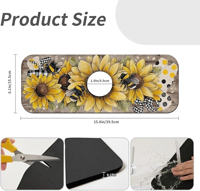 Kitchen Sink Splash Guard，Sunflower-with bumblebees Faucet Mat Sink Gadgets-Super Absorbent Fast Drying Mat Drip Catcher for Kitchen, Bathroom,Sink Mat, Dish Drying Mat, Bathroom(15" X 5.5" )