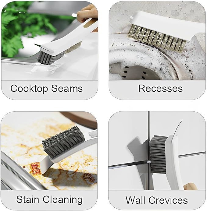 Multifunctional Cleaning Brush with Nylon & Wire Brush and Cleaning Spatula, Long Handle Brushes for Bathroom, Kitchen, Grout, and Tile Deep Cleaning, 2 Pack (Green+White)