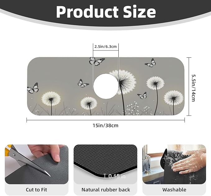 Butterfly Dandelion Floral 15" X 5.5" Kitchen Sink Splash Guard, Faucet Guard Draining Mat, Faucet Suction Pad For Kitchen Bathroom