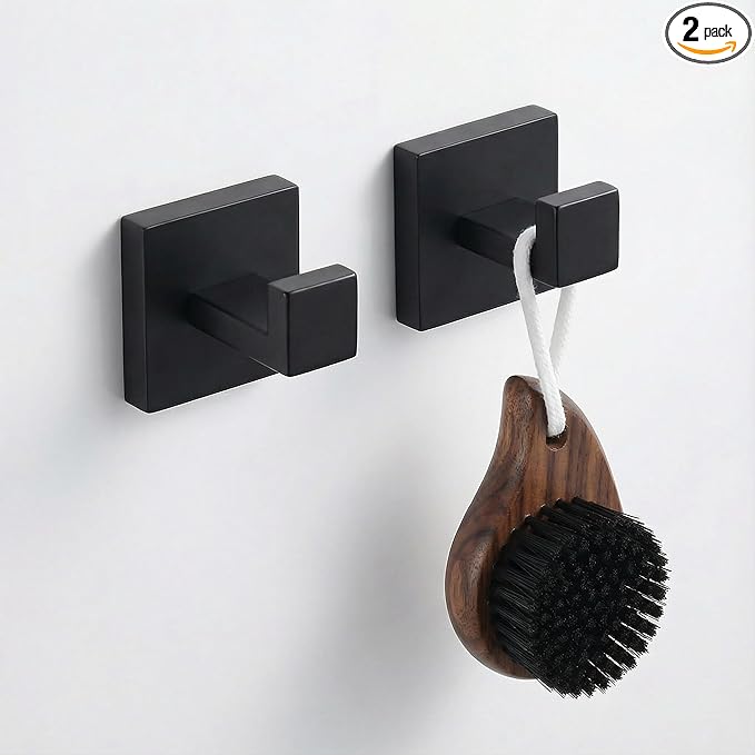 Matte Black Towel Hooks 2 Pack, SUS304 Stainless Steel Bathroom Robe Hook, Heavy Duty Modern Square Coat Holder, Rustproof, Anti-Rotation Wall Mount for Hand Towels & Bath