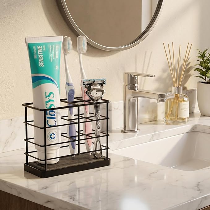 Toothbrush Holders, Bathroom Organizers and Storage with Instant Drying Stone, Bathroom Accessories Toothpaste Holders, Bathroom Counter Organizer, Black