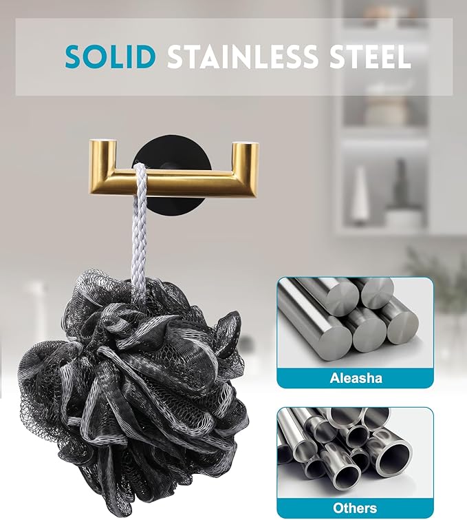 ALEASHA Shower Towel Hook Black Gold, Stainless Steel Towel Hanger, Heavy Duty Double Towel Hook, Towel Holder for Bathroom, Wall Mount Robe Hook