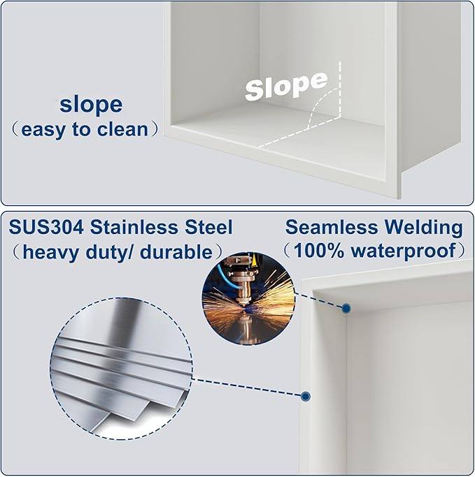 Neodrain 36X12 Inch Recessed Shower Niche, White Stainless Bathroom Wall Niche NO Tile Needed, Bathroom Storage Organizer in Wall for Shower