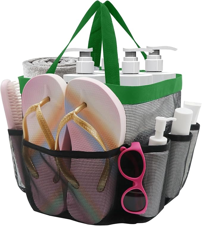 Mesh Shower Caddy Portable, Shower Tote Bag for Dorm Room Essentials, 8 Pockets Large Shower Basket for College Gym Beach Camping (1, Green)