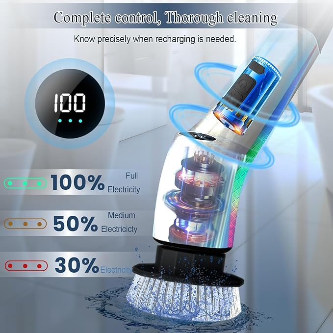 Electric Spin Scrubber Cordless,Lucklights Cleaning Brush Power Shower 7 Brush Heads 3 Speeds 120Mins Work Time Adjustable Extension Arm for Bathroom Tub Kitchen Floor Car
