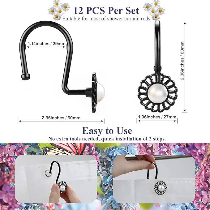 Black Sunflower Shower Curtain Rings and Hooks, Set of 12 Metal Rings and Hooks, Floral Pearl Finish, Matte Black