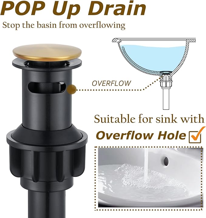 Roman Bathroom Sink Faucet Brushed Gold Single Hole Deck-Mount Pop-up Drain Assembly with Overflow Deck Plate and Water Supply Lines Included