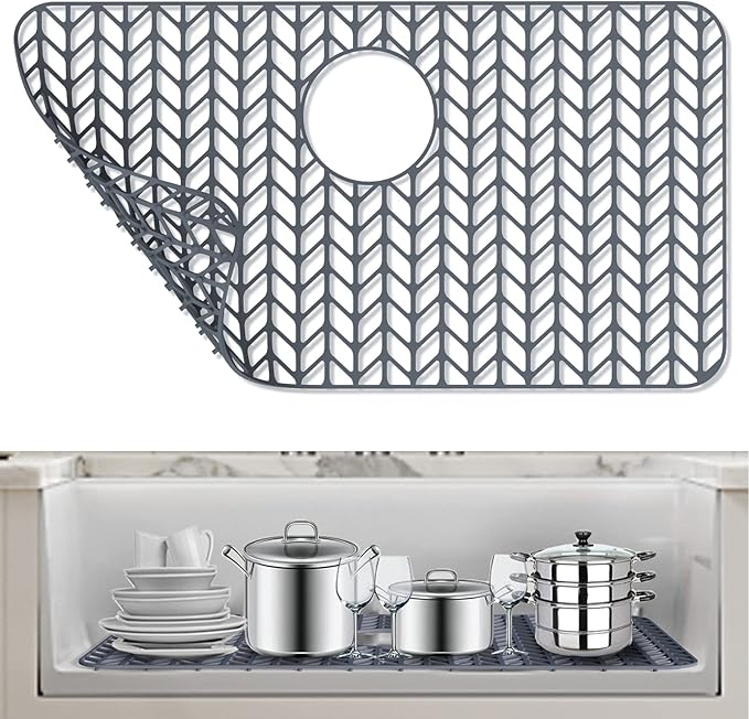 AWOKE Silicone Sink Protectors for Kitchen Sink, 26''x 14'' Folding Non-slip Sink Mat Grid, for Bottom of Farmhouse Stainless Steel Porcelain Sink with Rear Drain (Grey)