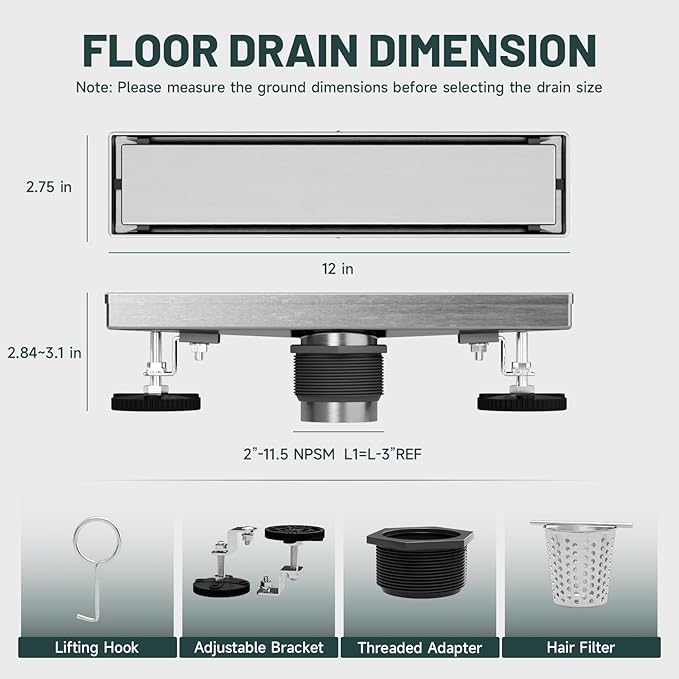 12-Inch Linear Shower Floor Drain, Stainless Steel Bathroom Floor Drains, Rectangular Shower Trench Floor Drain, Hair Strainer, Brushed Nickel