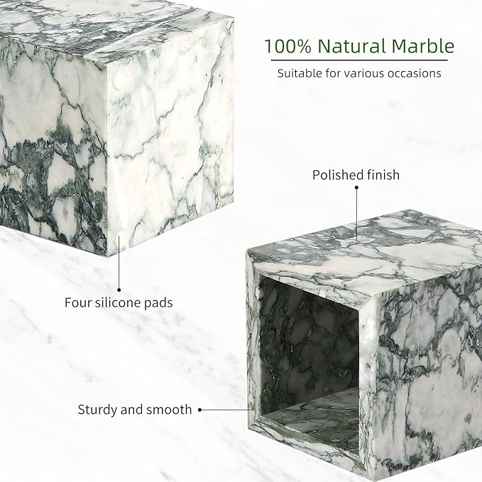 Natural Marble Toothbrush Holder for Bathroom Countertop (8.5x8.5x10cm) - Multifunctional Organizer for Makeup Brushes, Vanity Accessories & Utensils Sink (Green Texture)
