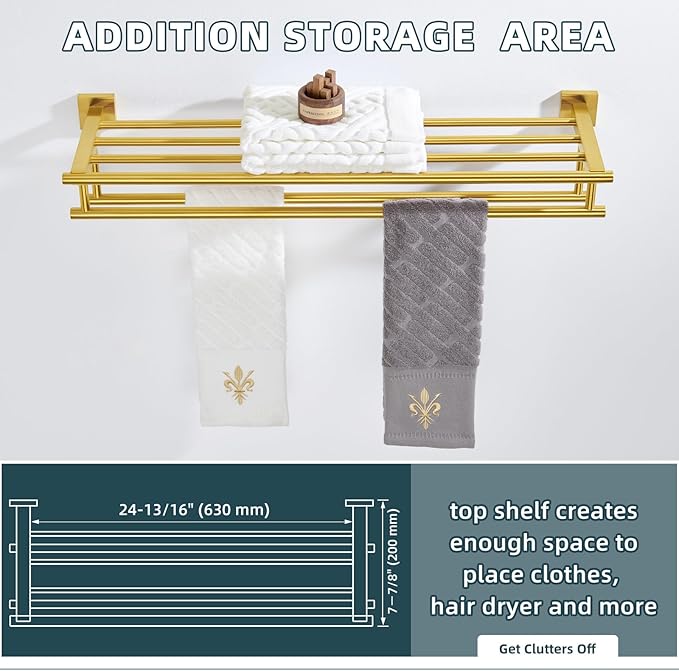 Angle Simple Towel Rack for Bathroom, SUS 304 Stainless Steel Hand Towel Holder with Shelf, Brushed Dark Gold, 27.56 Inches