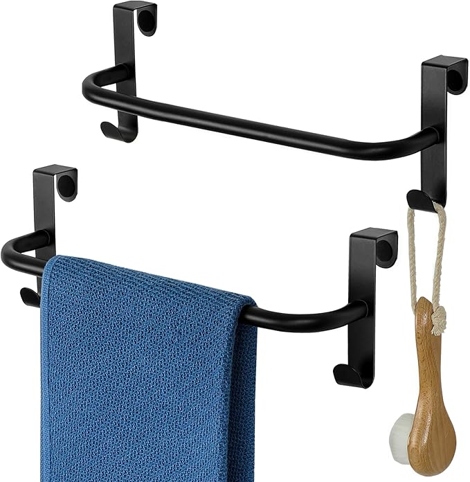 SAYAYO Over Cabinet Towel Bar Black, 10 Inch Kitchen Towel Holder with 2 Hooks, Over The Cupboard Door Dish Towel Rack, 2 Pcs
