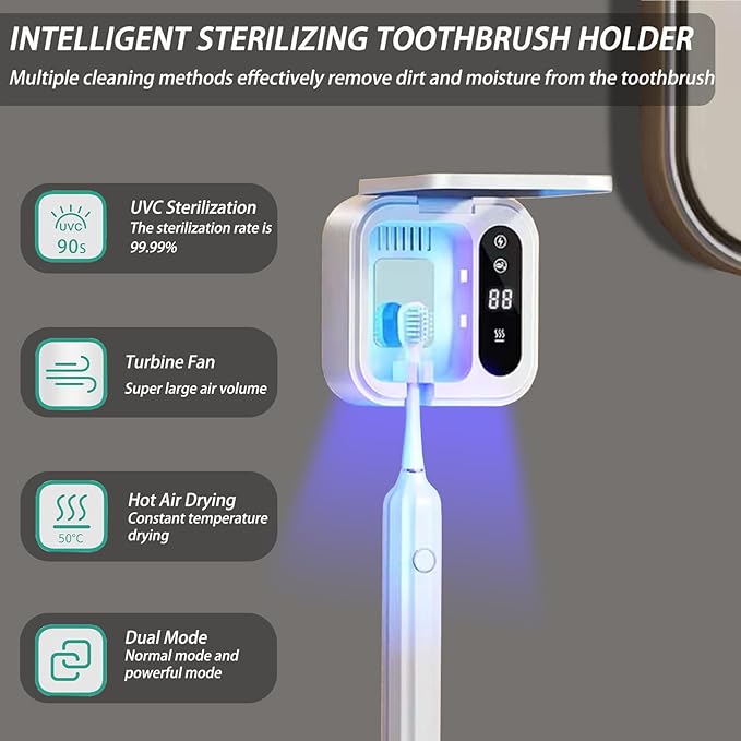 Toothbrush Holders for Bathrooms,Smart Cleaning and Constant Temperature Drying,LED Smart Screen,Rechargeable Wall-Mounted Toothbrush Holder,Travel Toothbrush Holder (White)