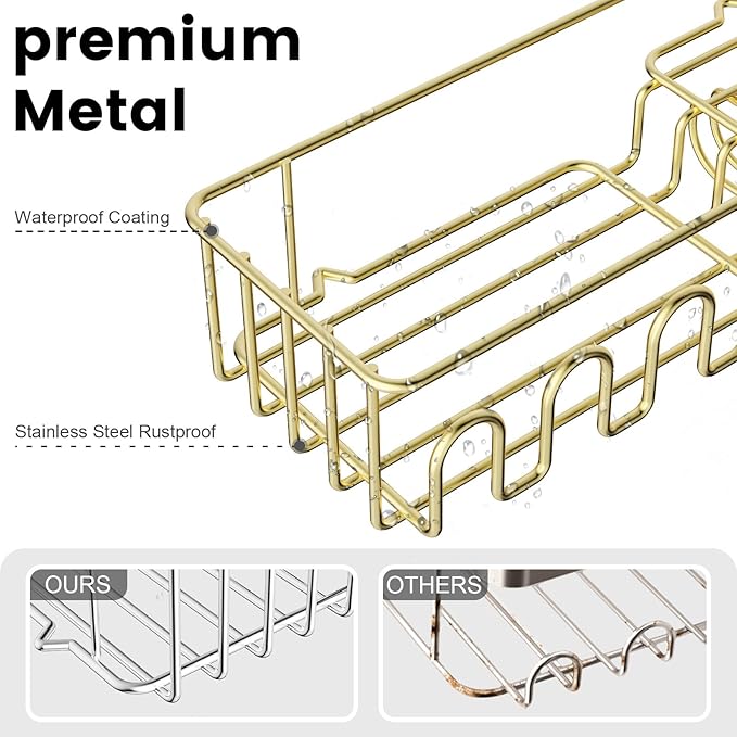 Adhesive Shower Caddy: 2 Bonus Hooks, 4-Pack Wall Mounted Bathroom Storage Shelf, Rustproof Metal Basket Organizer for Kitchen & Bathroom Drill Free Gold