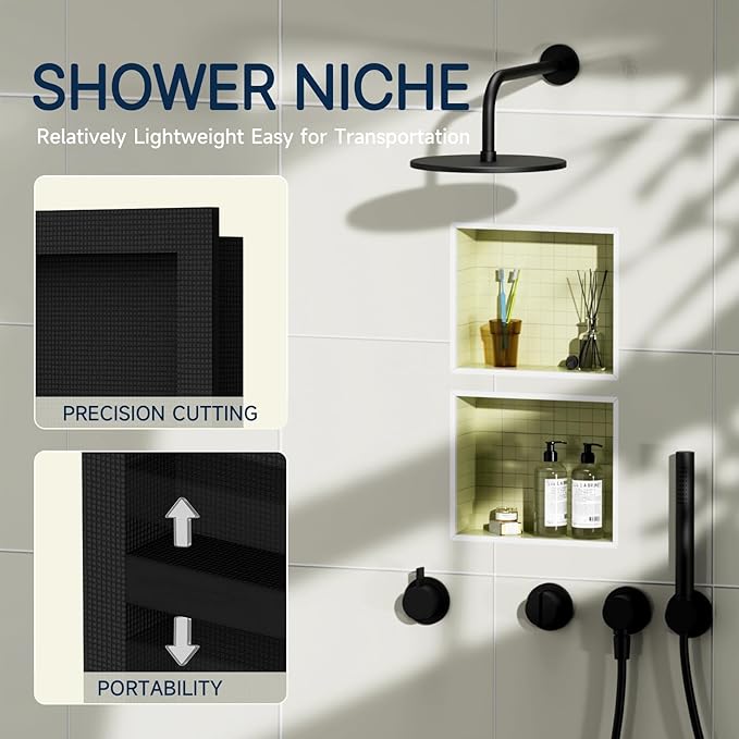 Homevacious 16" x 26" XPS Shower Niche Ready for Tile Double Waterproof Shelf Bathroom Wall Niche Insert Tile Ready Black Recessed Shower Boxes with Removable Shelf for Bathroom Storage