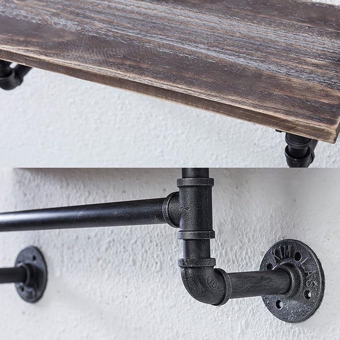 MBQQ 1 Tier Shelving Bathroom Pipe Shelves with Towel Bar Over Toilet, 24 inch Pine Wood Floating Shelves for Wall Mounted Bedroom,Kitchen, Farmhouse, Living Room