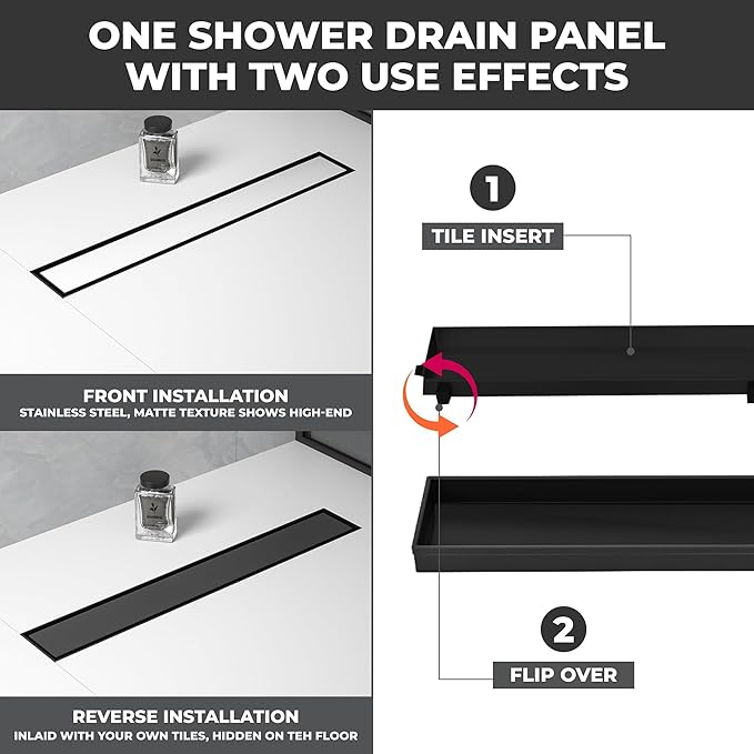 36 Inch Rectangular Linear Shower Drain Set with Reversible Flat & Tile Insert Cover, 304 Stainless Steel Bathroom Floor Drain with Hair Catcher, Shower Floor Drain Includes Adjustable Leveling Feet