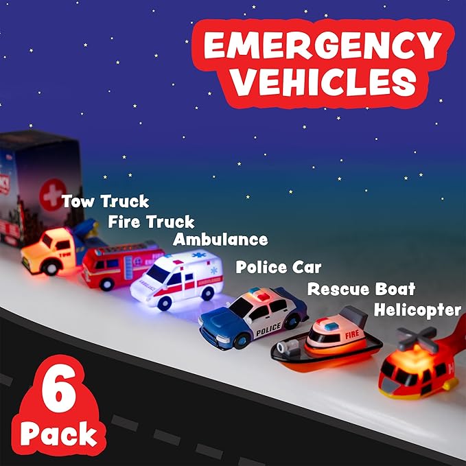 Tub Works® Emergency™ Cars Light Up Bath Toys, 6 Pack | Water-Activated Light Up Toys Flash & Change Color | Soft, Squeezable Baby & Toddler Bath Toys | Sensory Toys with Bath Lights for Kids Bath