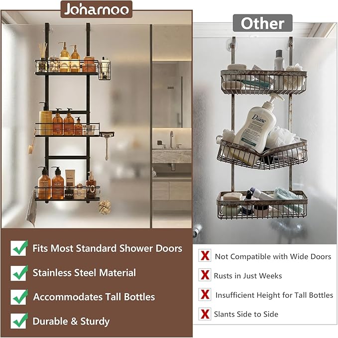 Over The Door Shower Caddy, 304 Stainless Steel Hanging Bathroom Organizer, Pantry Organizer & Kitchen Storage Rack with 3 Adjustable Shelves, No Drilling Hanging Shelf with 14 Hooks, Black