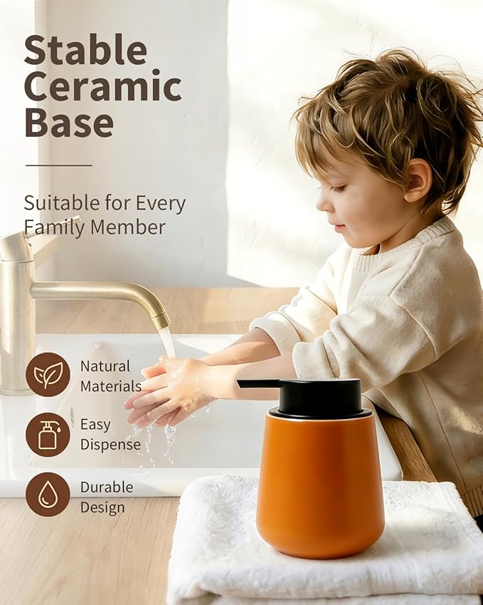 BosilunLife Bathroom Accessories Set 3 pcs - Bathroom Ceramic Foaming Soap Dispenser Set Farmhouse Bathroom Decor, Foam Soap Dispenser and Toothbrush Holder with Tray, Orange
