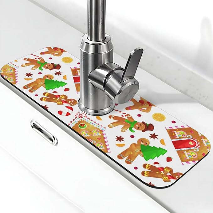 Christmas House Gingerbread Man Furits Kitchen Sink Splash Guard Faucet Mat 1 Pcs, Absorbent Fast Drying Mat Gadgets Splash Guard For Bathroom 15 X 5.5 Inches