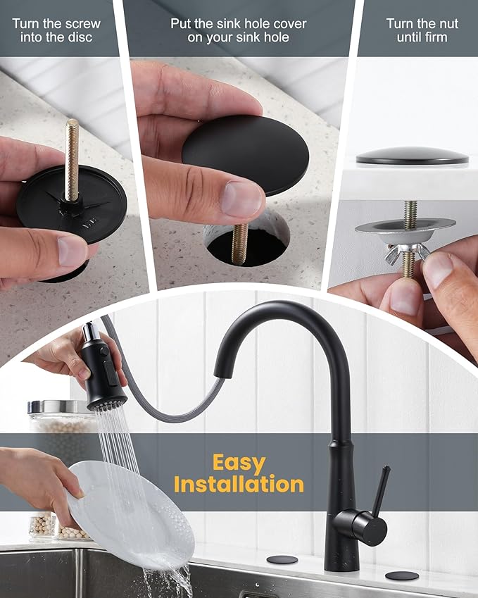 Brass Metal Faucet Hole Cover, 2-PCs Plug for Sink Countertop, Matte Black