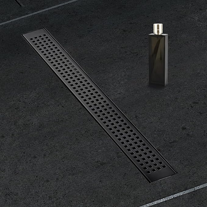 12 Inch Removable Cover Linear Shower Drain 304 Stainless Steel Rectangular Floor Drain for Kitchen Bathroom Square Hole Drain with Accessories Hair Strainer Adjustable Leveling Feet (Matte Black)