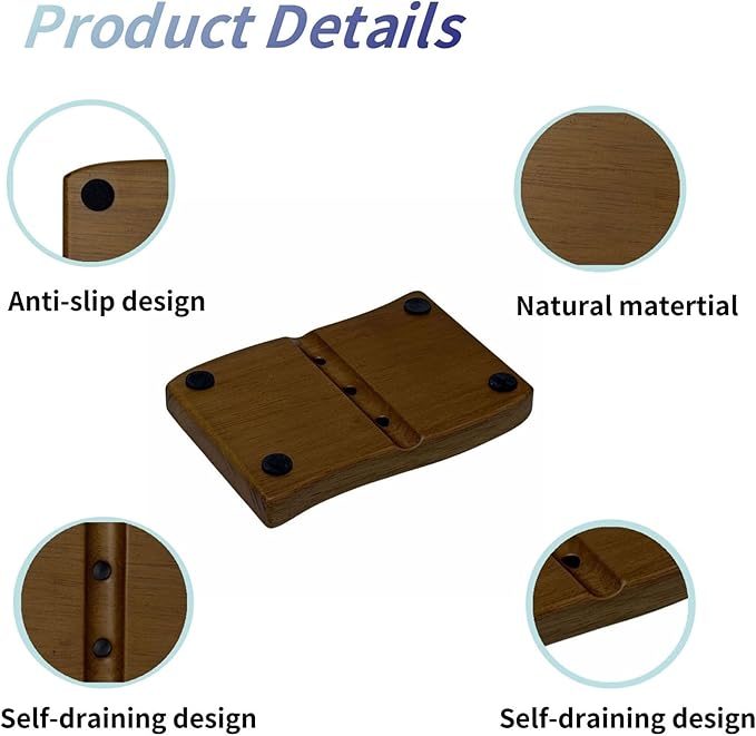 Soap Dish, Wooden Soap Holder with Wave Design for Fast Drainage & Non-Slip Base, for Shower, Bathroom, and Kitchen Sink
